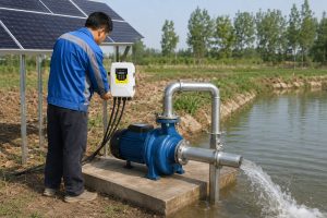 A realistic outdoor installation scene showing a HYBSUN solar pump system working beside a rural pond, with a blue water pump mounted on a concrete platform and connected to clean stainless steel inlet and outlet pipes. A Chinese technician is checking the white HYBSUN solar controller while solar panels power the pond pump system in the background. Clear water flows strongly from the metal discharge pipe into the pond, creating a practical solar powered pond pump setup for irrigation, water transfer, and agricultural use. The natural countryside environment, professional pipe connections, solar water pump equipment, and active water flow make the image suitable for explaining reliable pump solutions when comparing major pump manufacturers worldwide.
