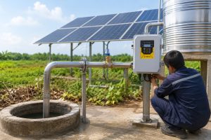 A realistic outdoor installation scene showing a HYBSUN solar pump system for reliable water supply, with a submersible water pump installed below the well and clean metal piping rising from the concrete wellhead toward a stainless steel water tank. A Chinese technician is checking the HYBSUN solar pump controller beside the pipeline, while solar panels power the system in the background. The professional setup shows a practical solar water pump application for irrigation, farm water storage, and pond pump system projects, with neat pipe connections and a natural working environment.