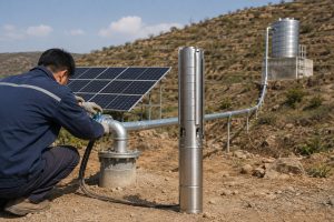 A realistic off grid HYBSUN solar pump installation in a dry remote hillside environment featuring a stainless steel submersible solar water pump displayed beside a capped borehole well. Clean metal piping carries water from the wellhead toward an elevated stainless steel storage tank, while a nearby solar panel array supplies renewable power to the pumping system. A Chinese technician is shown inspecting the professional pipe connection without facing the camera. The scene demonstrates how a solar water pump can provide reliable water access without grid electricity or a fuel generator and reflects applications similar to a solar powered pond pump and pond pump system for farms remote properties and irrigation projects.