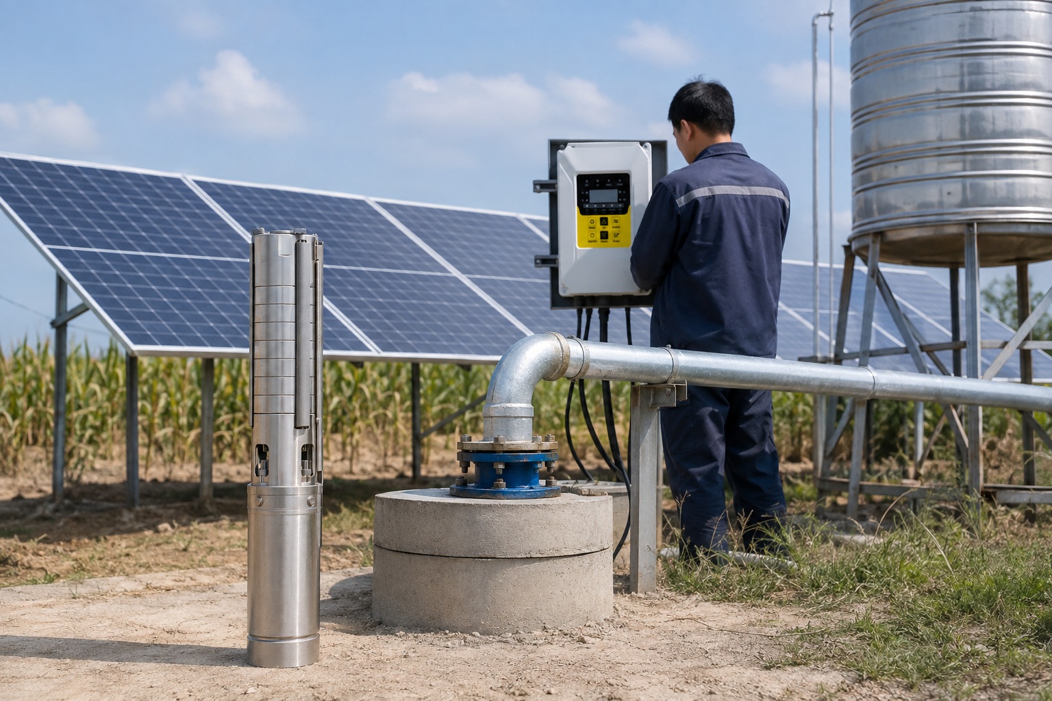 A solar-powered submersible pump system in a field