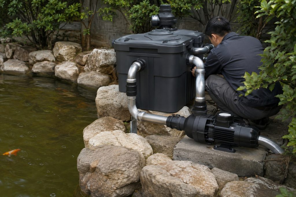 Outdoor pond pump system with a single black water pump installed on a concrete platform beside a koi pond. A technician is inspecting the pump and clean metal inlet and outlet piping connected to the filtration system while water circulates through the landscaped pond surrounded by natural rocks and green plants. The installation demonstrates a professional pond filtration and water circulation setup suitable for solar powered pond pump applications using a solar water pump or HYBSUN solar pump system.