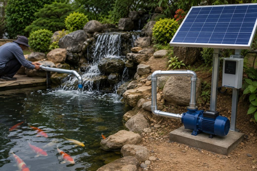 A HYBSUN solar powered pond pump installed beside a landscaped koi pond with clean metal inlet and outlet piping, circulating water through a natural rock waterfall to improve pond aeration. The solar water pump system is powered by nearby solar panels while colorful koi swim in the clear moving water and a technician checks the installation, showing a practical off grid pond pump system for continuous water circulation and oxygenation.
