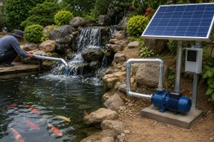 A HYBSUN solar powered pond pump installed beside a landscaped koi pond with clean metal inlet and outlet piping, circulating water through a natural rock waterfall to improve pond aeration. The solar water pump system is powered by nearby solar panels while colorful koi swim in the clear moving water and a technician checks the installation, showing a practical off grid pond pump system for continuous water circulation and oxygenation.