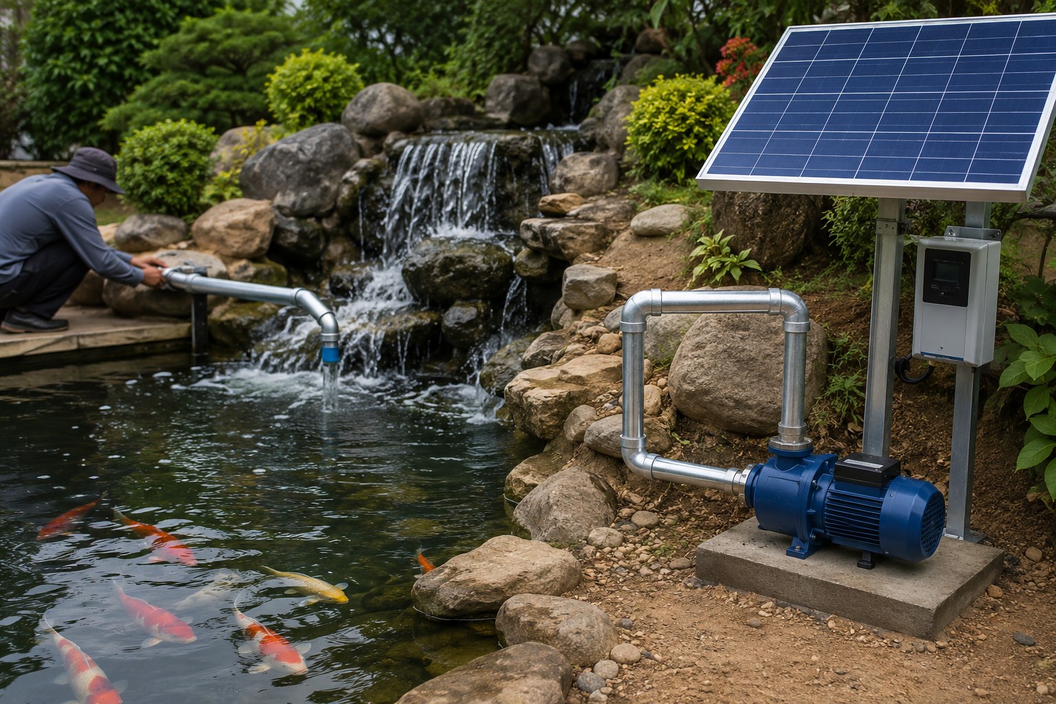 A beautiful koi pond with a small waterfall powered by a solar pump