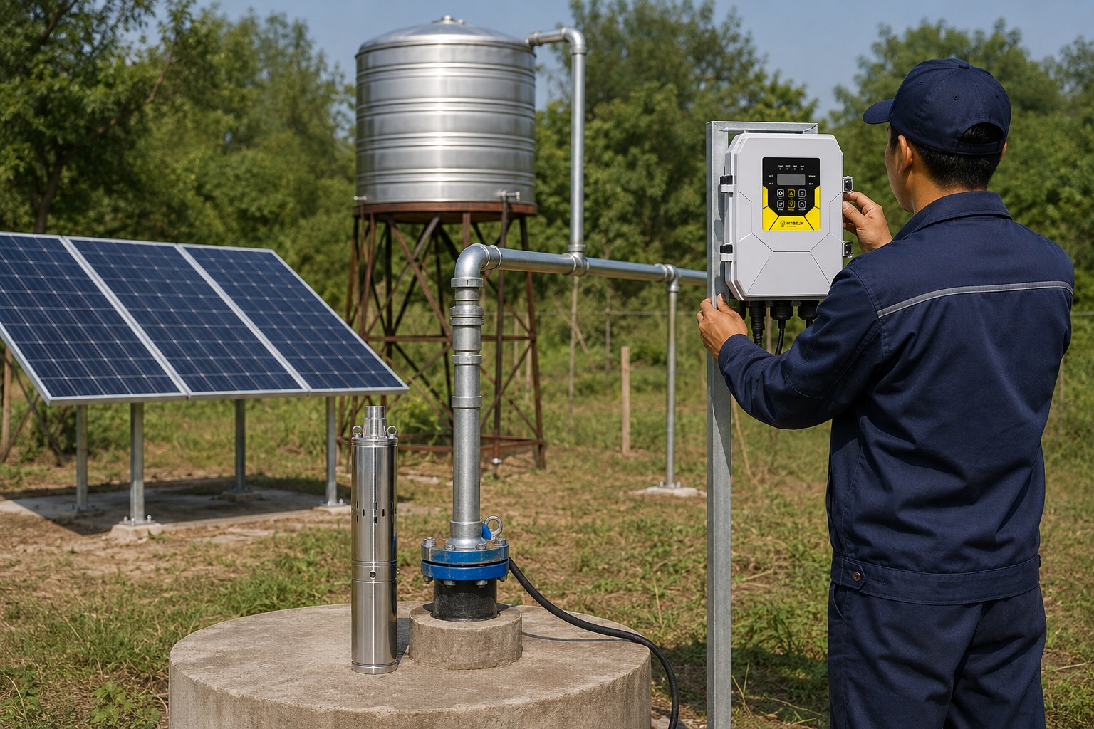A small solar panel next to a water pump in a field