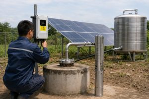 A HYBSUN solar pump system installed beside a rural well, with a Chinese technician inspecting the solar pump controller while photovoltaic panels supply power nearby. Clean metal piping runs from the sealed wellhead toward a stainless steel water tank, while a stainless steel solar water pump is displayed beside the installation to show the equipment used underground. The realistic outdoor setup demonstrates a professional solar powered pond pump and water supply solution suitable for wells, irrigation, farms, and off grid properties, highlighting the practical layout of a HYBSUN solar pump and complete pond pump system.