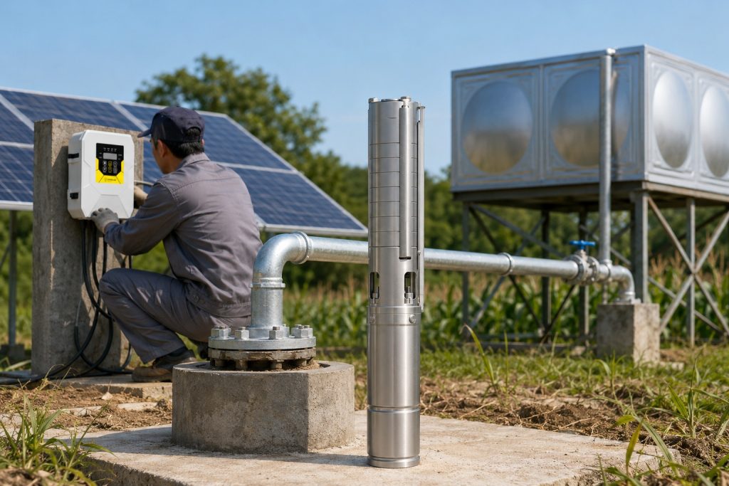 HYBSUN solar pump displayed beside a professionally installed deep well borehole system in a rural agricultural field, with a stainless steel submersible water pump, clean galvanized metal discharge piping, wellhead flange, control box, solar panels and an elevated water storage tank. A Chinese technician is shown checking the solar water pump controller while the pipework carries water from the borehole toward the storage system. The realistic outdoor installation demonstrates a complete solar water pump setup for deep well water supply and irrigation, using the same off grid pumping principles commonly applied to a solar powered pond pump and pond pump system.