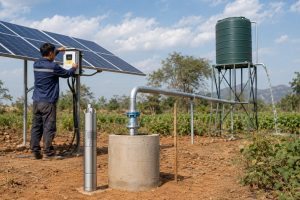 HYBSUN solar water pump system installed in a remote agricultural field with solar panels supplying power to a controller beside a borehole. A stainless steel submersible solar water pump is displayed next to the wellhead while clean metal piping carries pumped water toward an elevated storage tank for irrigation. A technician checks the solar pump controller as water flows through the system under bright sunlight. The installation demonstrates how a solar water pump can provide reliable off grid water supply for farms irrigation and rural applications and represents a practical alternative to a solar powered pond pump or conventional pond pump system.