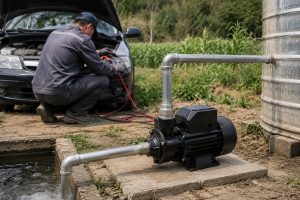 A HYBSUN 12V water pump installed on a concrete base beside a rural water source, connected with clean metal inlet and outlet pipes leading toward a large water tank. A technician works beside an open car hood using battery cables to power the pump in an off grid setting. The realistic pond pump system shows how a battery powered pump can support remote water transfer where grid electricity is unavailable and reflects practical applications similar to a solar powered pond pump HYBSUN solar pump and solar water pump system.
