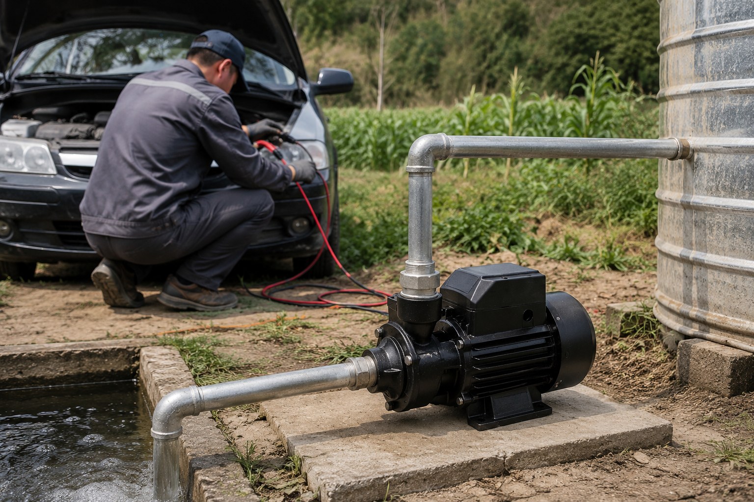 A 12V water pump connected to a car battery in a remote field.