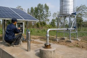 HYBSUN solar water pump installation in a rural agricultural setting with solar panels powering a stainless steel submersible pump system. A technician checks the controller beside the wellhead while clean metal piping carries water toward an elevated storage tank. The scene shows a practical solar water pump setup suitable for irrigation water supply pond pump system applications and solar powered pond pump projects.