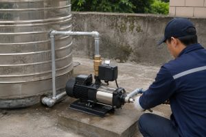 A HYBSUN water pump installed beside a stainless steel rooftop water tank, connected with clean metal inlet and outlet pipes for reliable household water pressure. A technician is checking the pump installation and pipe fittings in a realistic outdoor setting. The system is designed to improve weak tank-fed water flow and provide consistent pressure for residential water supply. This practical setup is useful for customers comparing a solar water pump, HYBSUN solar pump, solar powered pond pump, or pond pump system for efficient water transfer and pressure boosting.